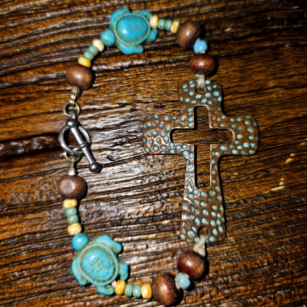 OOAK Copper Patina Cross Bracelet